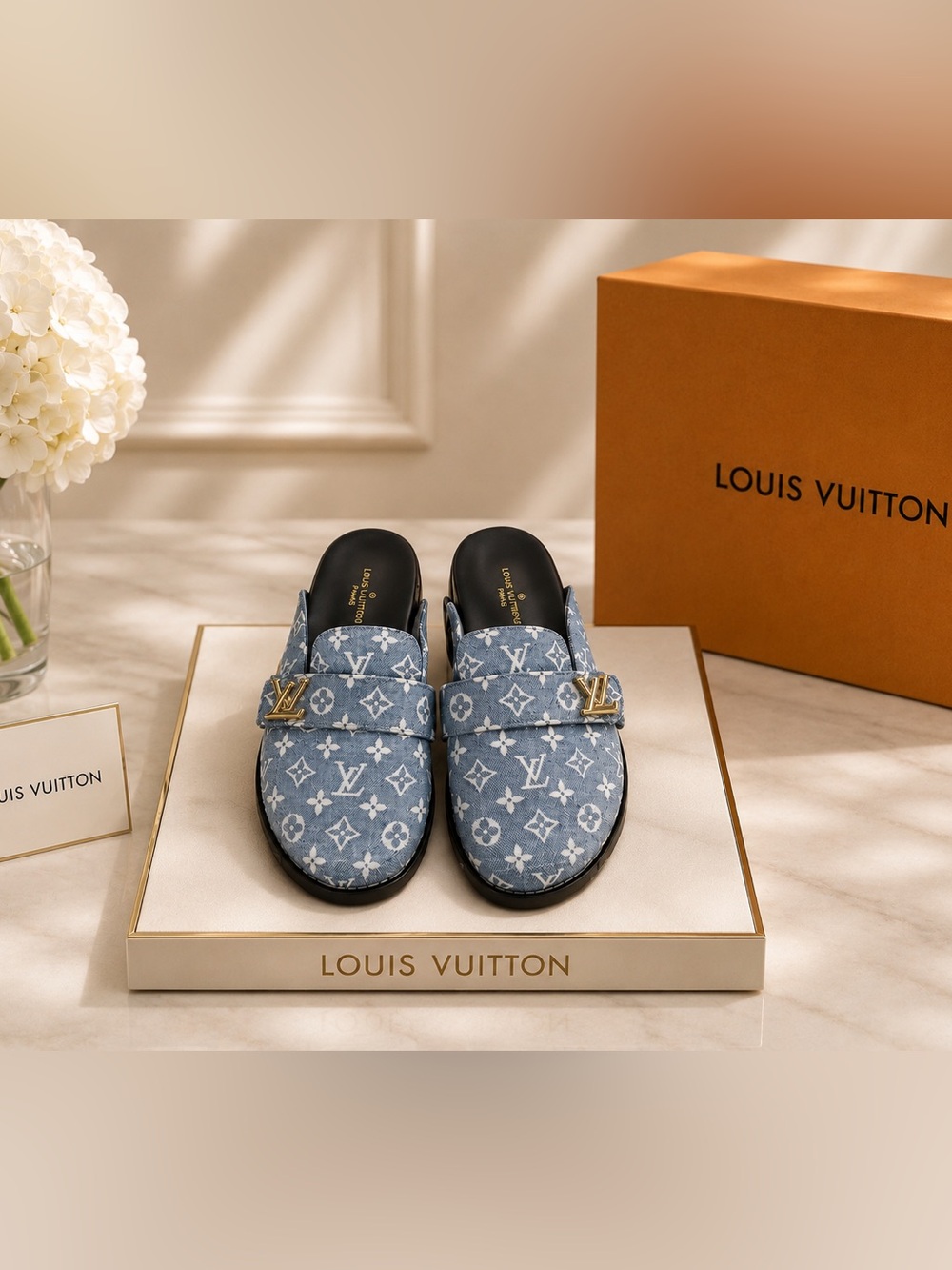 Blue Monogram Denim Mule Clogs